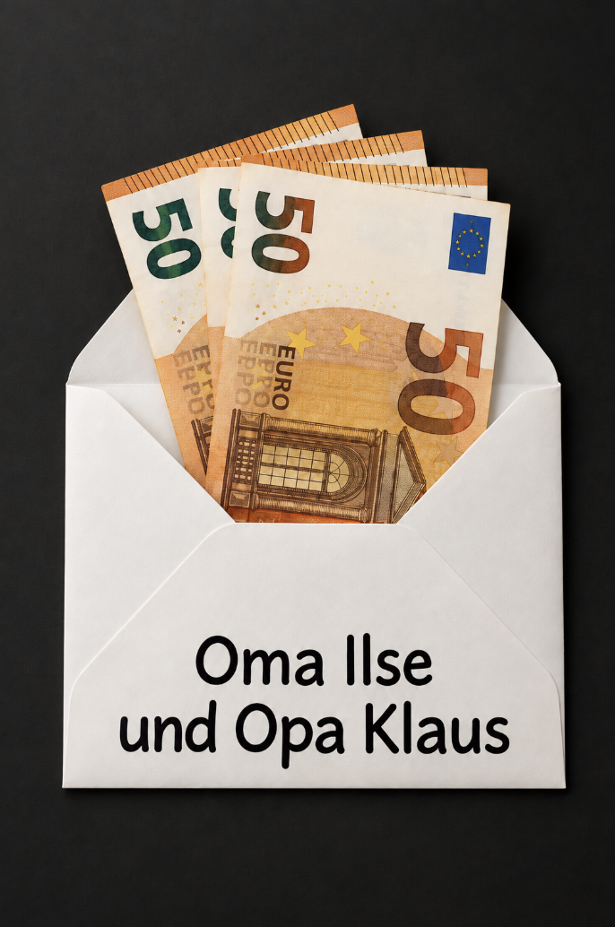 Briefumschlag mit drei 50-Euro-Scheinen und der Aufschrift „Oma Ilse und Opa Klaus“